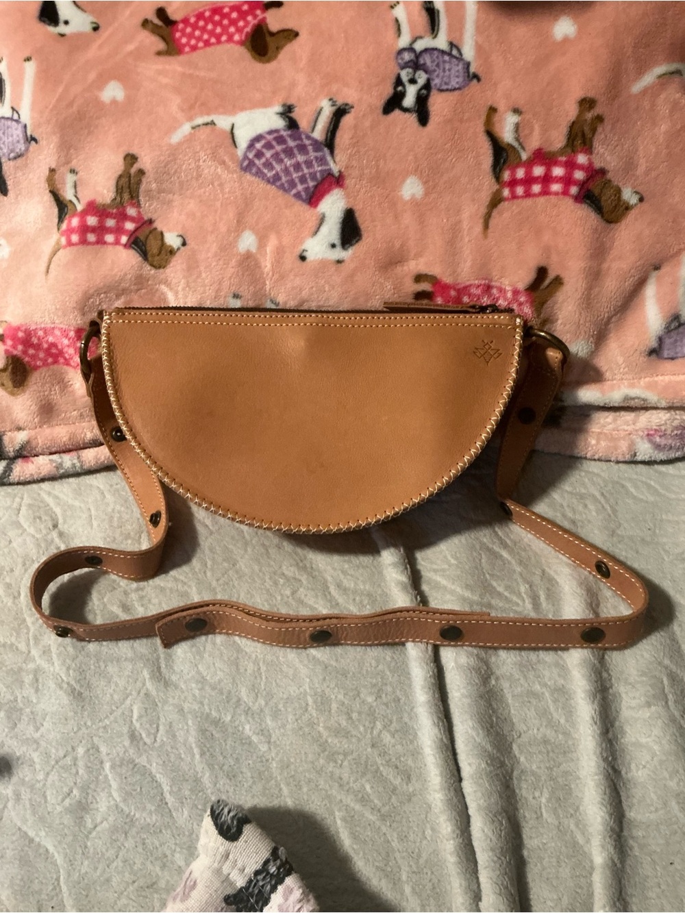 Semi-Circle Tan Leather Crossbody Bag with Studded Strap